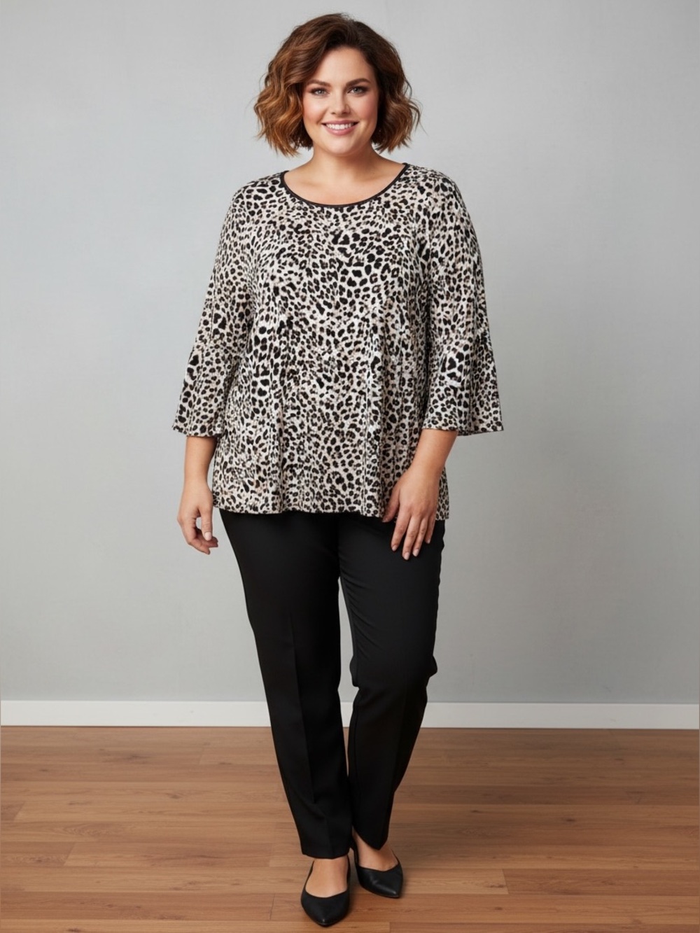 Calvin Klein Leopard Print Scoop Neck Blouse with Flared Sleeves Size 3X